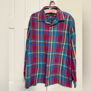 Vintage Alexander Julian Colours Colle Red Teal Yellow Plaid Button-Up Shirt